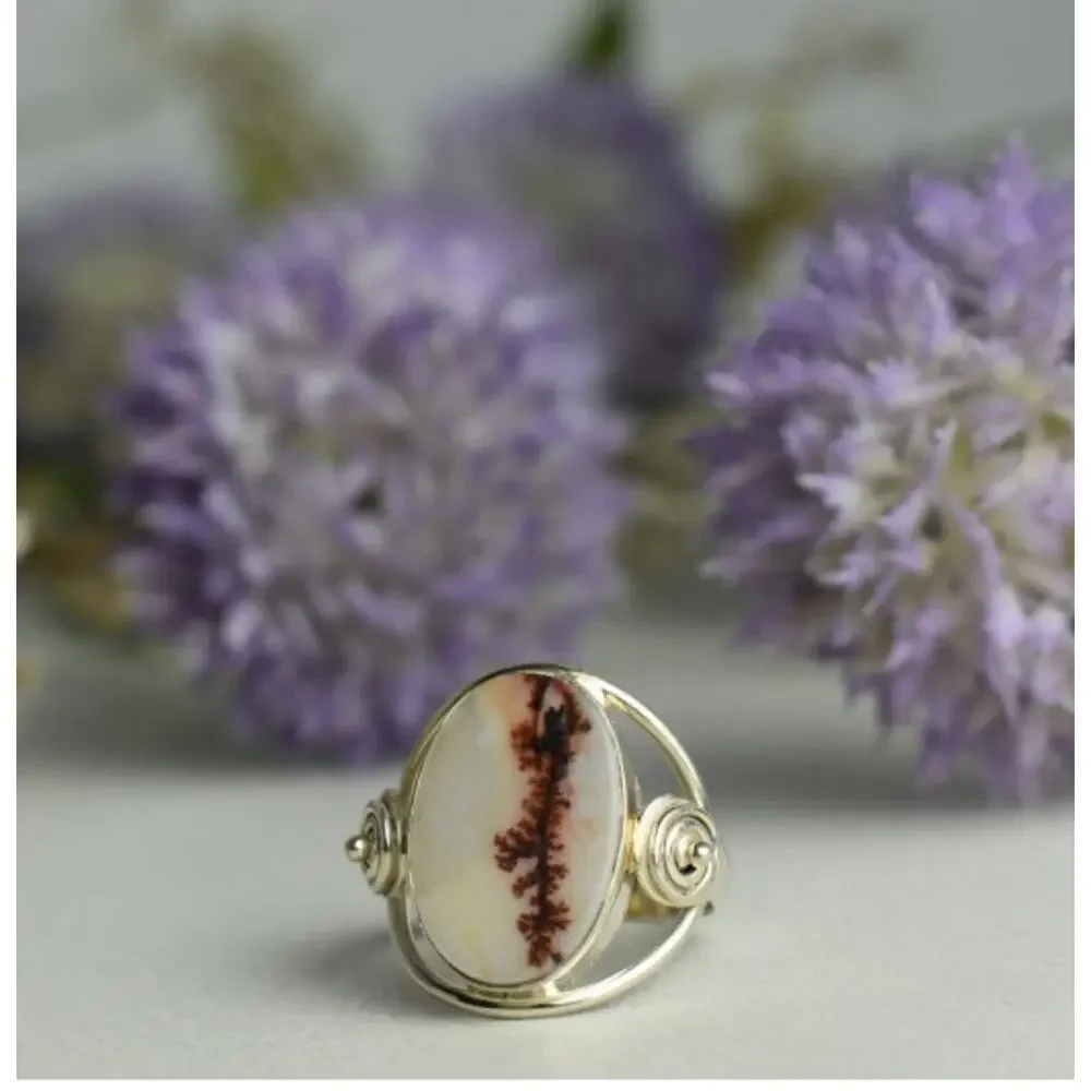 Vintage 925 Sterling Silver Moss Agate Ring Size 8